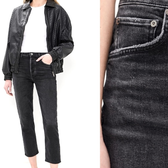 Agolde Riley High Rise Straight Crop Jeans Panoramic Black Wash Denim - Picture 2 of 14